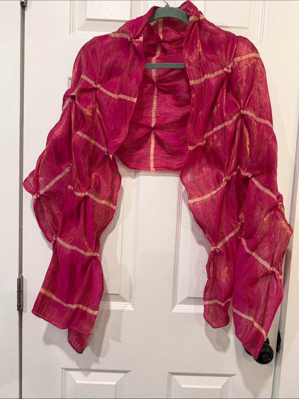 Fuchsia Textured Maxi Wrap Silk Scarf with Gold-Trim Accents
